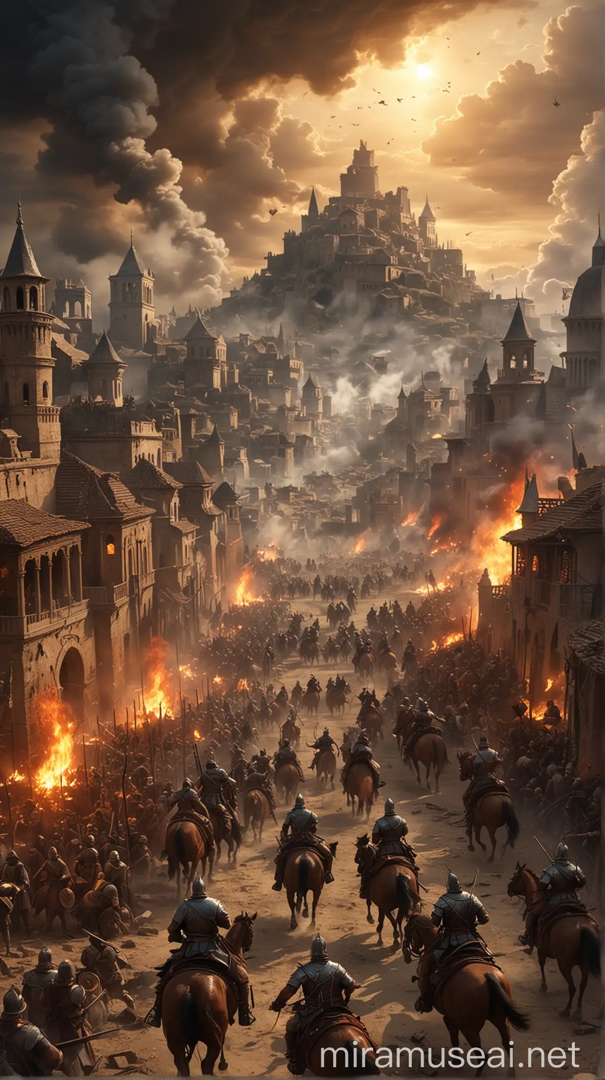 Epic Historical Battle Scene in Ancient City with Soldiers on Horseback and Foot