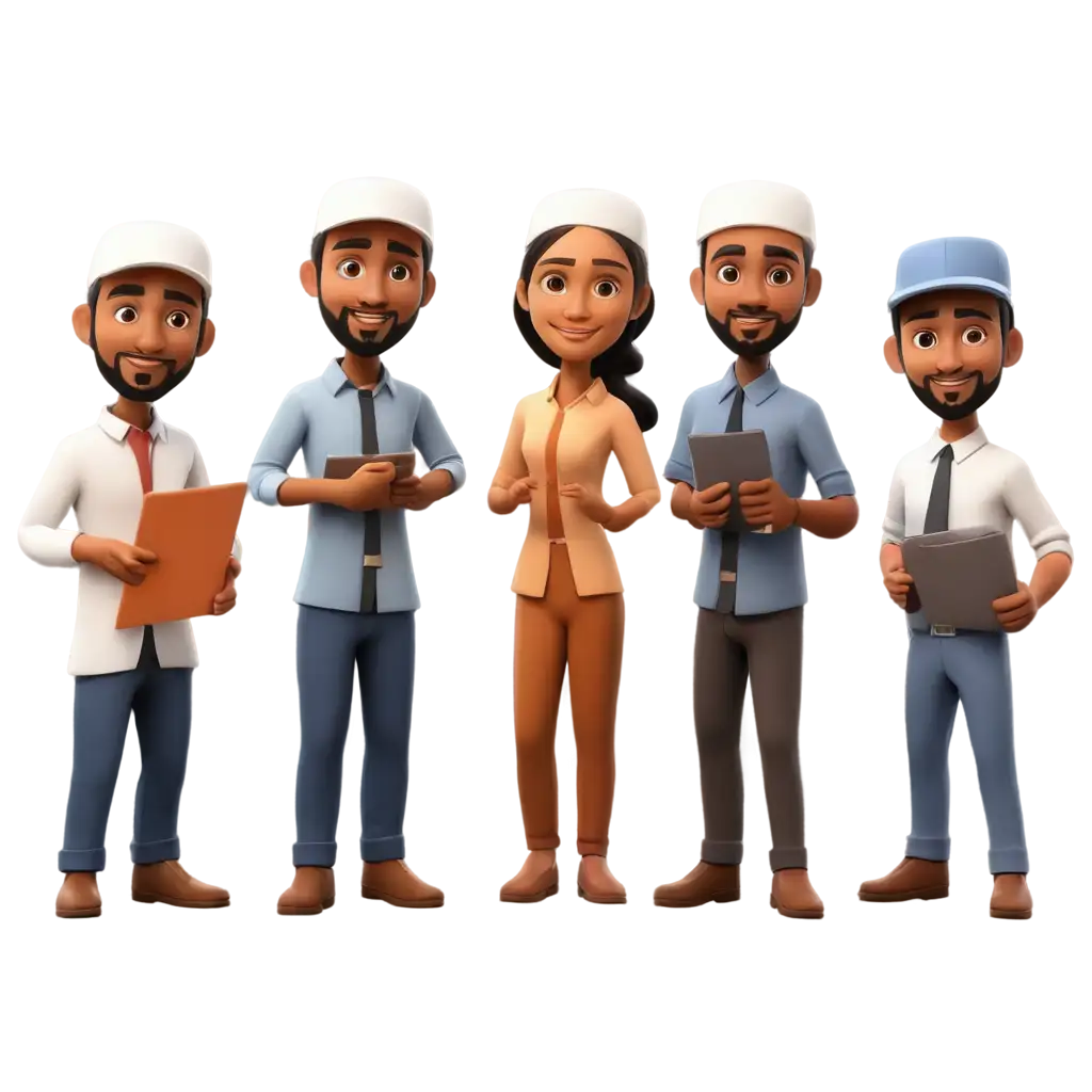 Diverse-Muslim-Workers-ProblemSolving-in-3D-Cartoon-PNG-Format-for-Creative-and-Professional-Use