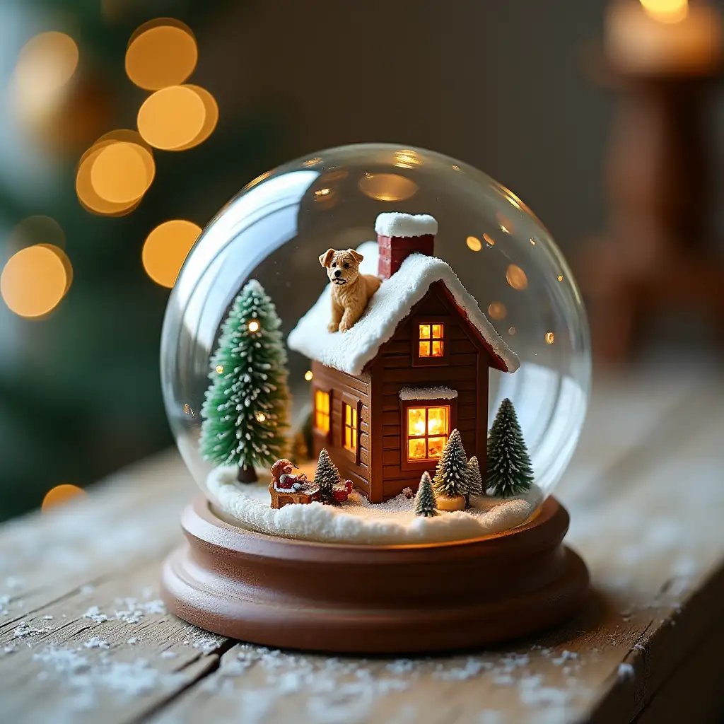 A tiny miniature home in a Christmas globe with a dog on the porch