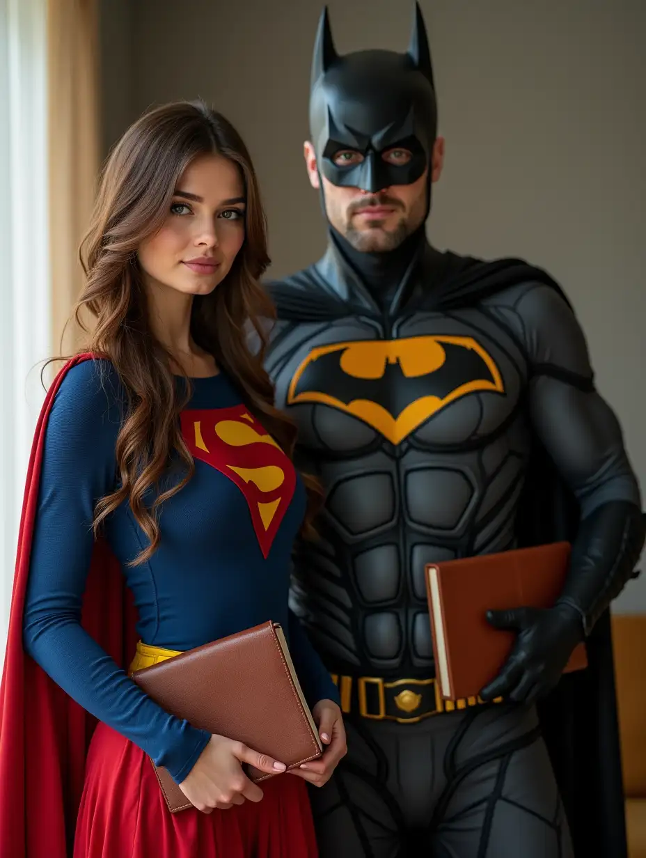 A slender, pretty young European woman with brown hair, wearing a superman costume, holding a diary in her hand. A guy in a Batman costume is standing next to him, holding a diary in his hand