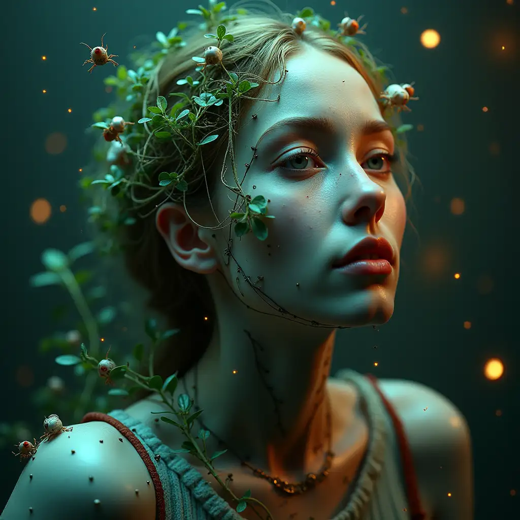 A surreal portrait of a woman who is both plant and robot, illuminated by flickering lighting effects and filled with microscopic animals that move to the rhythm of cosmic music, in the style of the film Alice in Wonderland.