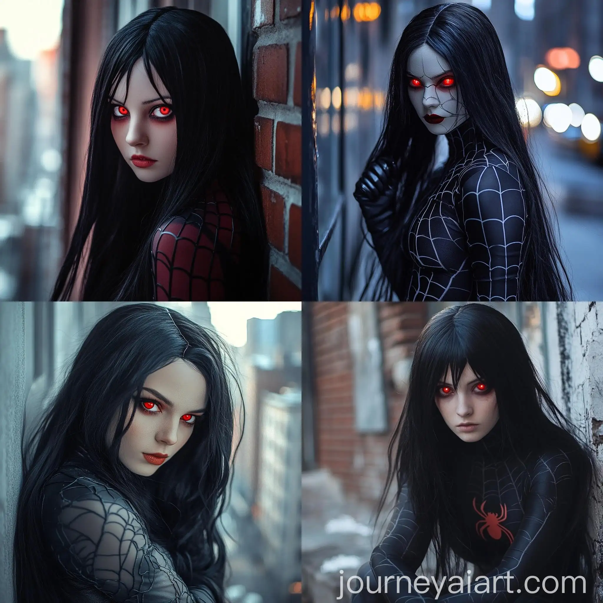 Young-Girl-in-Spiderman-Costume-with-Red-Eyes-in-New-York-City-Panorama
