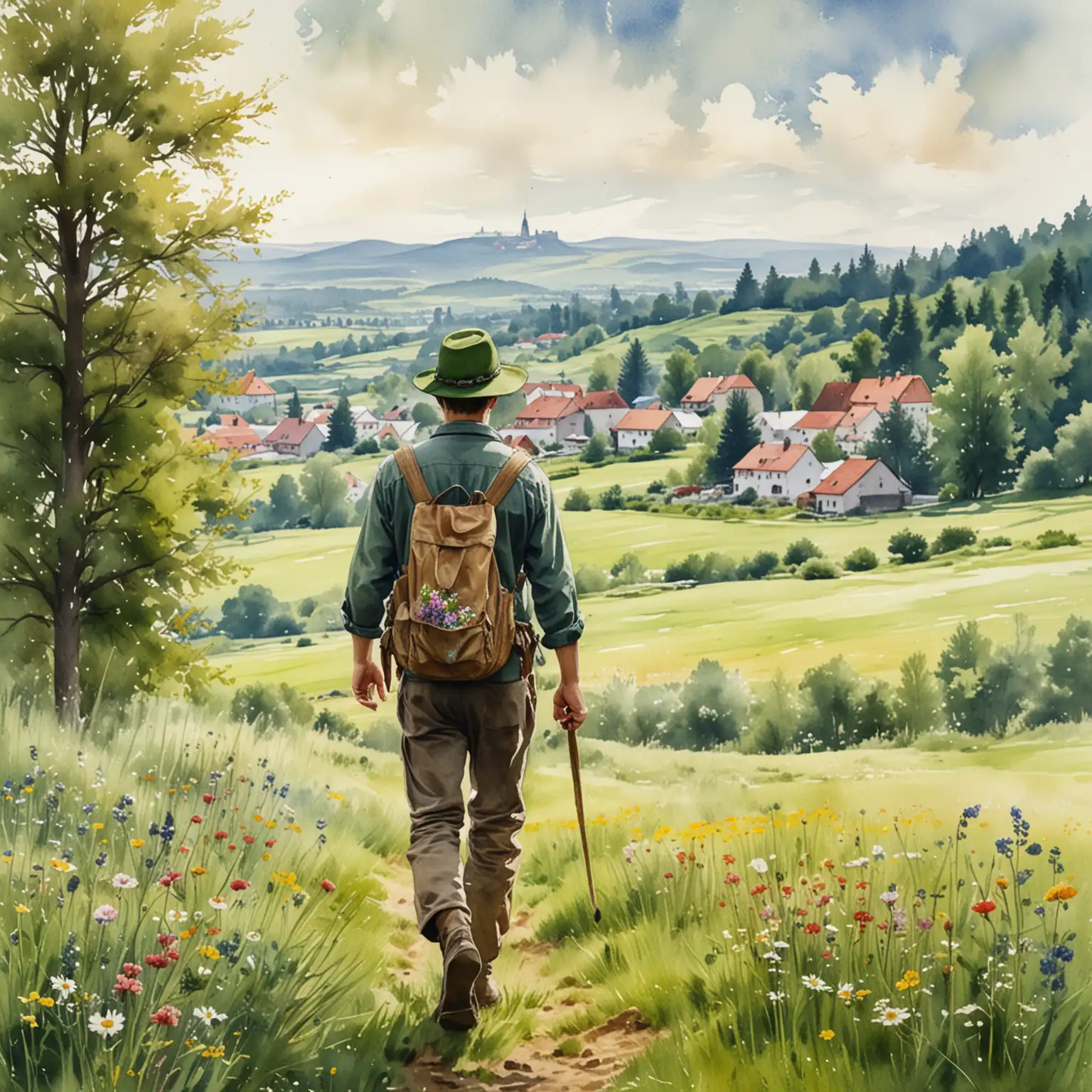 Happy Forester Walking on Blooming Meadow with Czech Village Background