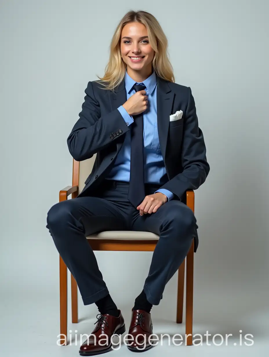 Full body shot of flirtatious blonde female woman college student, wearing man's Oxford shoes, wearing man's charcoal blue three-piece suit, man's long necktie in Windsor knot, pocket square, crisp blue dress shirt, black socks, straightening necktie with right hand, sitting in chair, in front of blank background