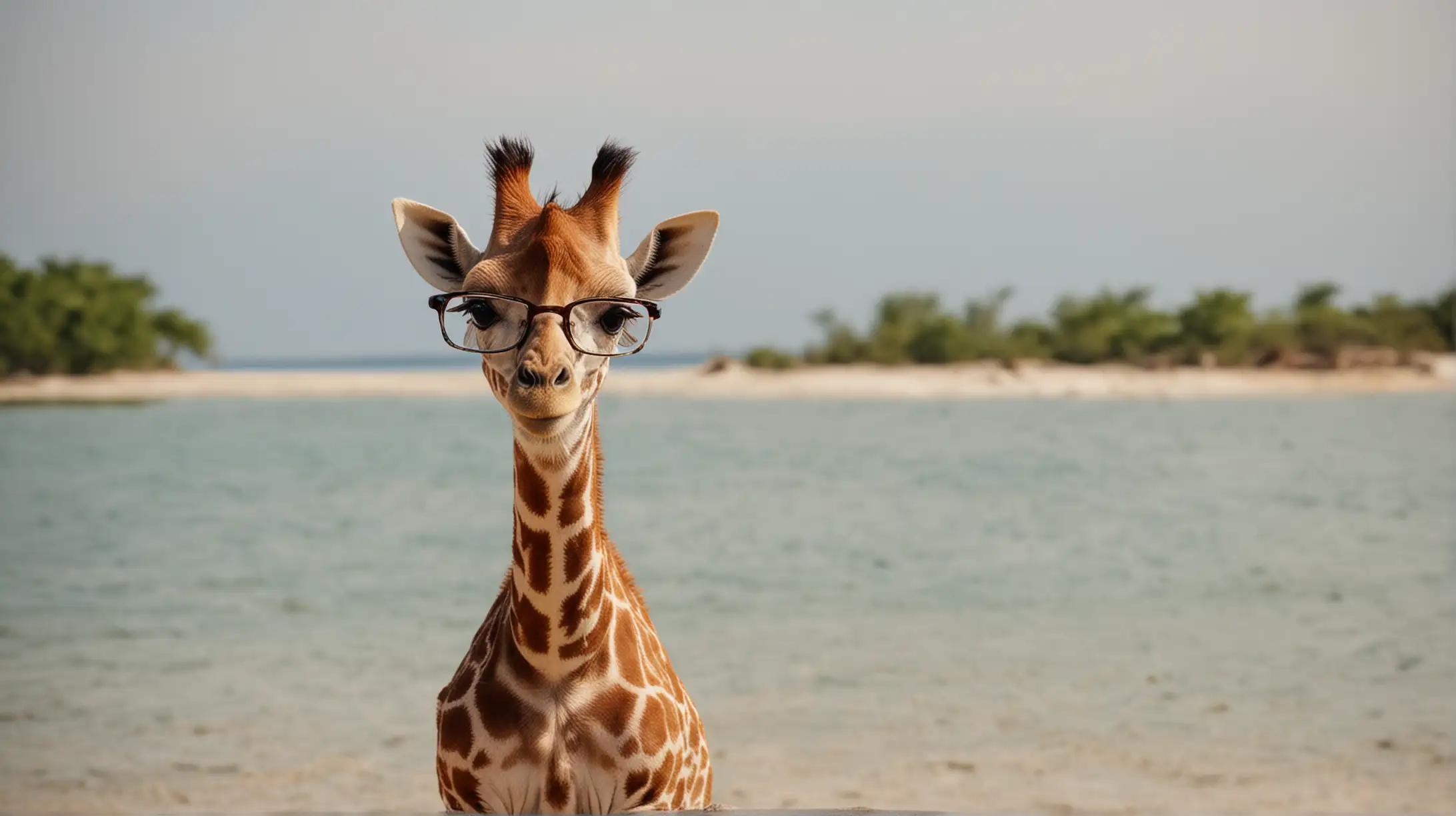 Baby Giraffe Wearing Glasses on a Tropical Island