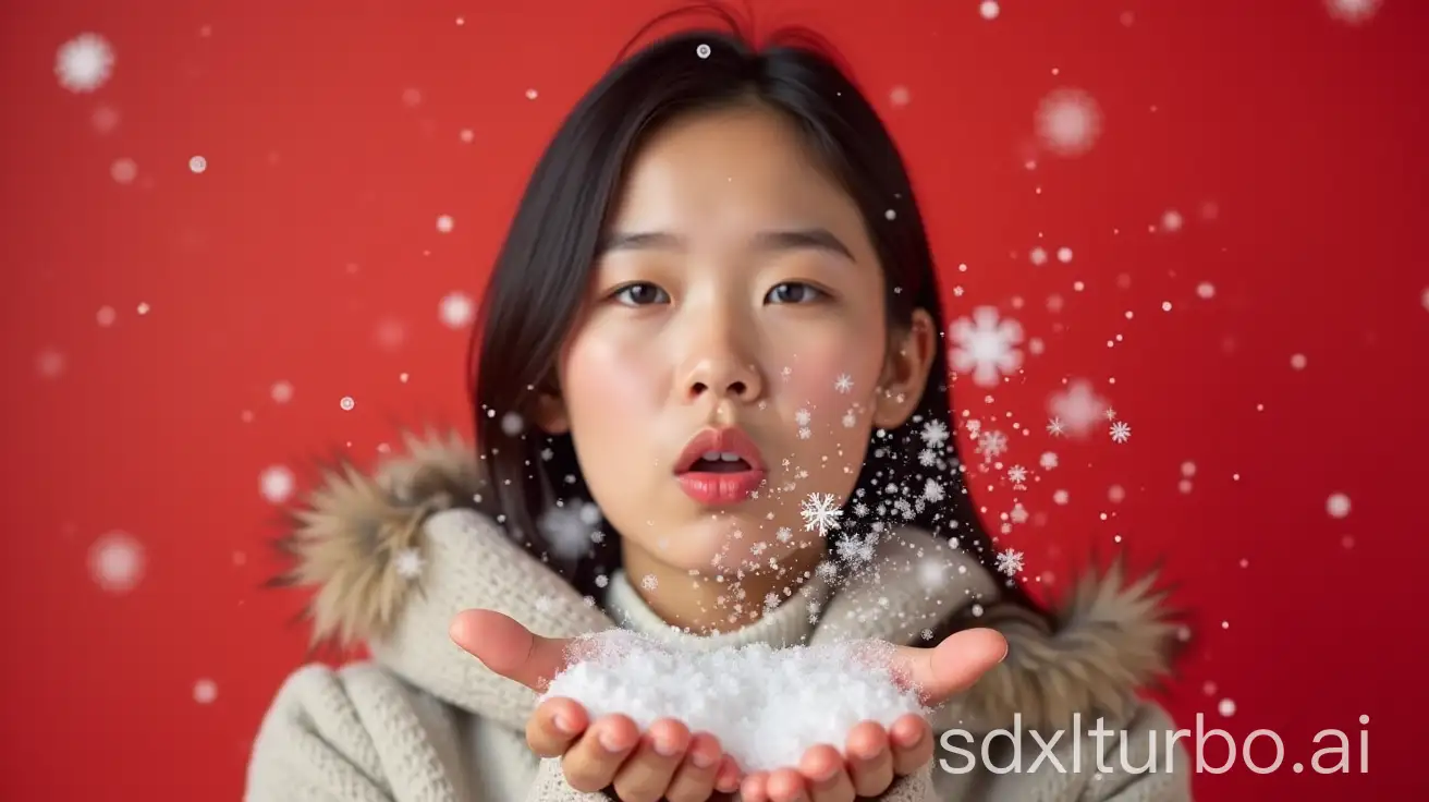 Young-Chinese-Woman-Blowing-Snowflakes-in-a-Snowy-Landscape