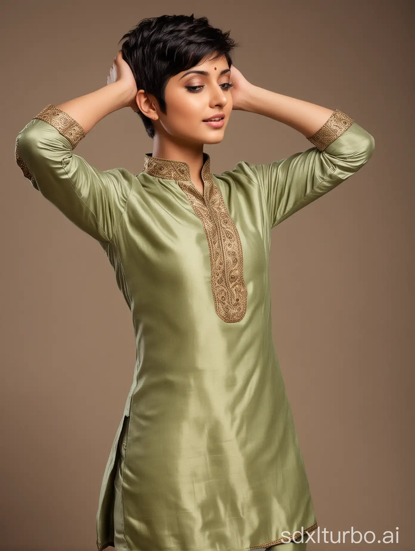 Very short Pixie hair shorthair tomboy haircut wearing satin salwar kameez standing rising arms behind head