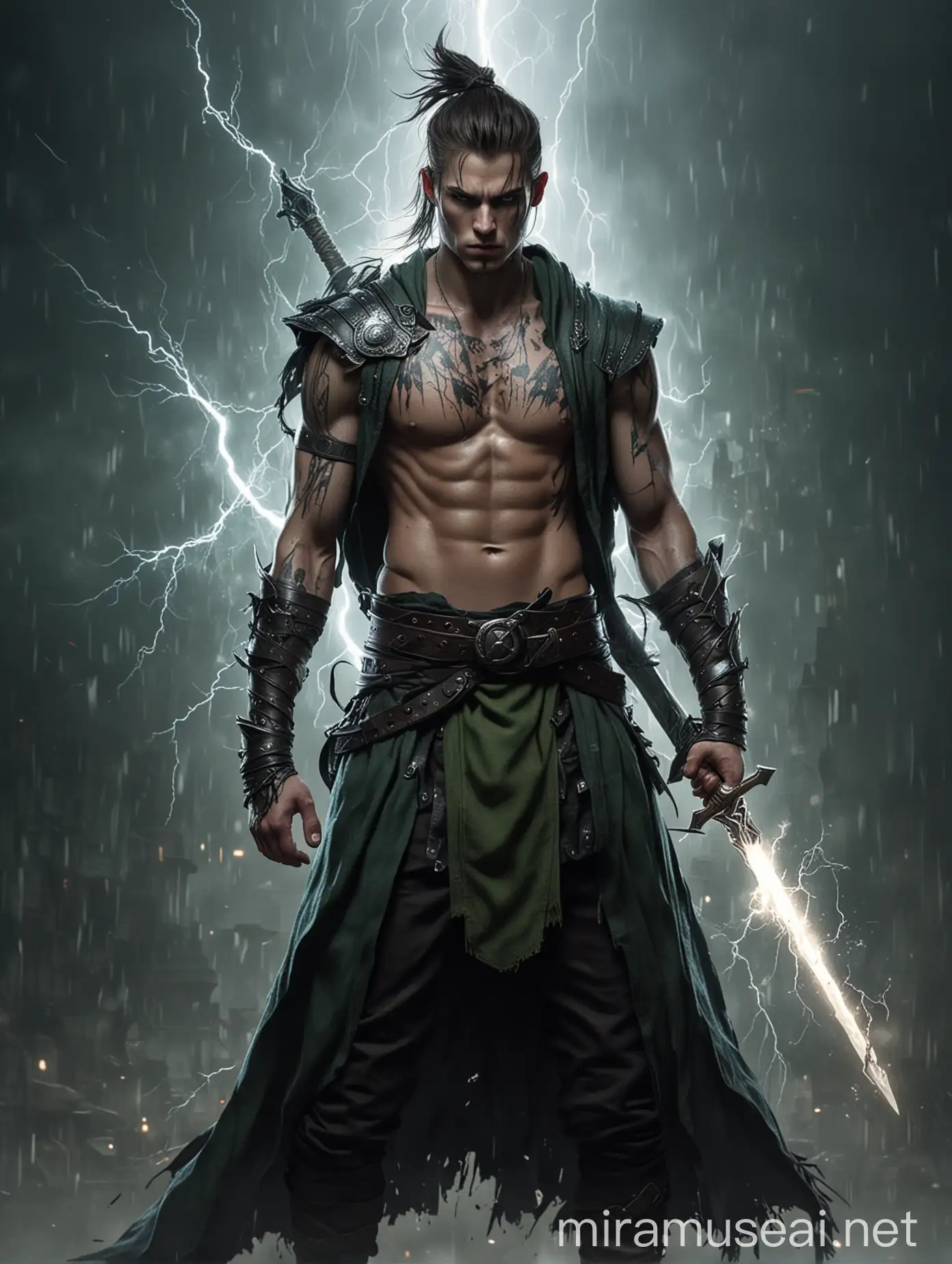 Bjorn the Lightning Mage Wielding Great Sword and Dark Magic in Ruined City