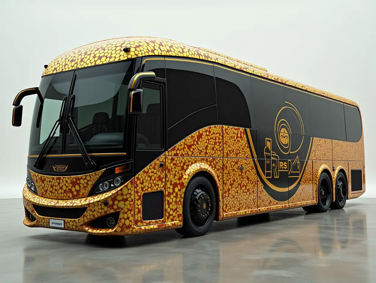 Modern utopian sports Omnibus with gold and black azure color with round ornaments, lowered body, 18-inch rims, aluminum wheels, cream red gold camouflage, Cyberpunk.