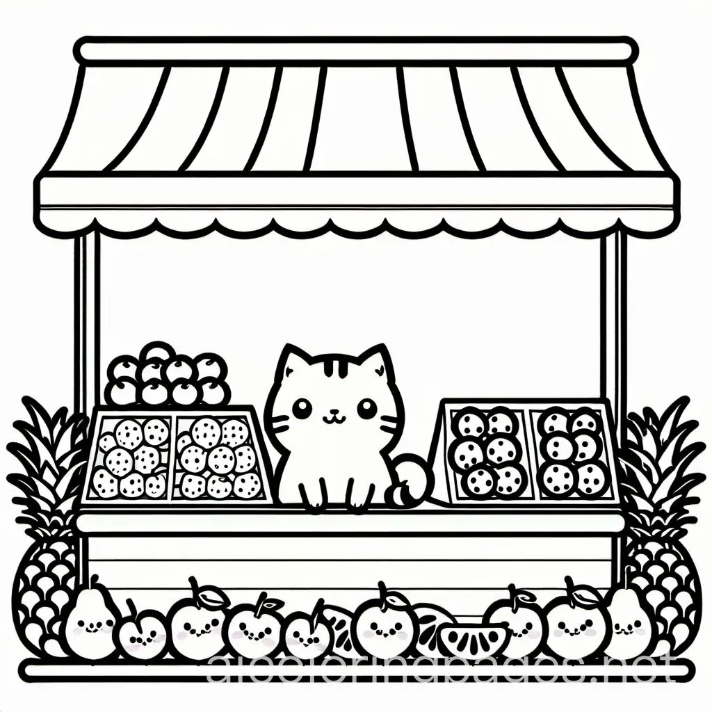 Kawaii-Fruit-Stall-Coloring-Page-with-Playful-Cat