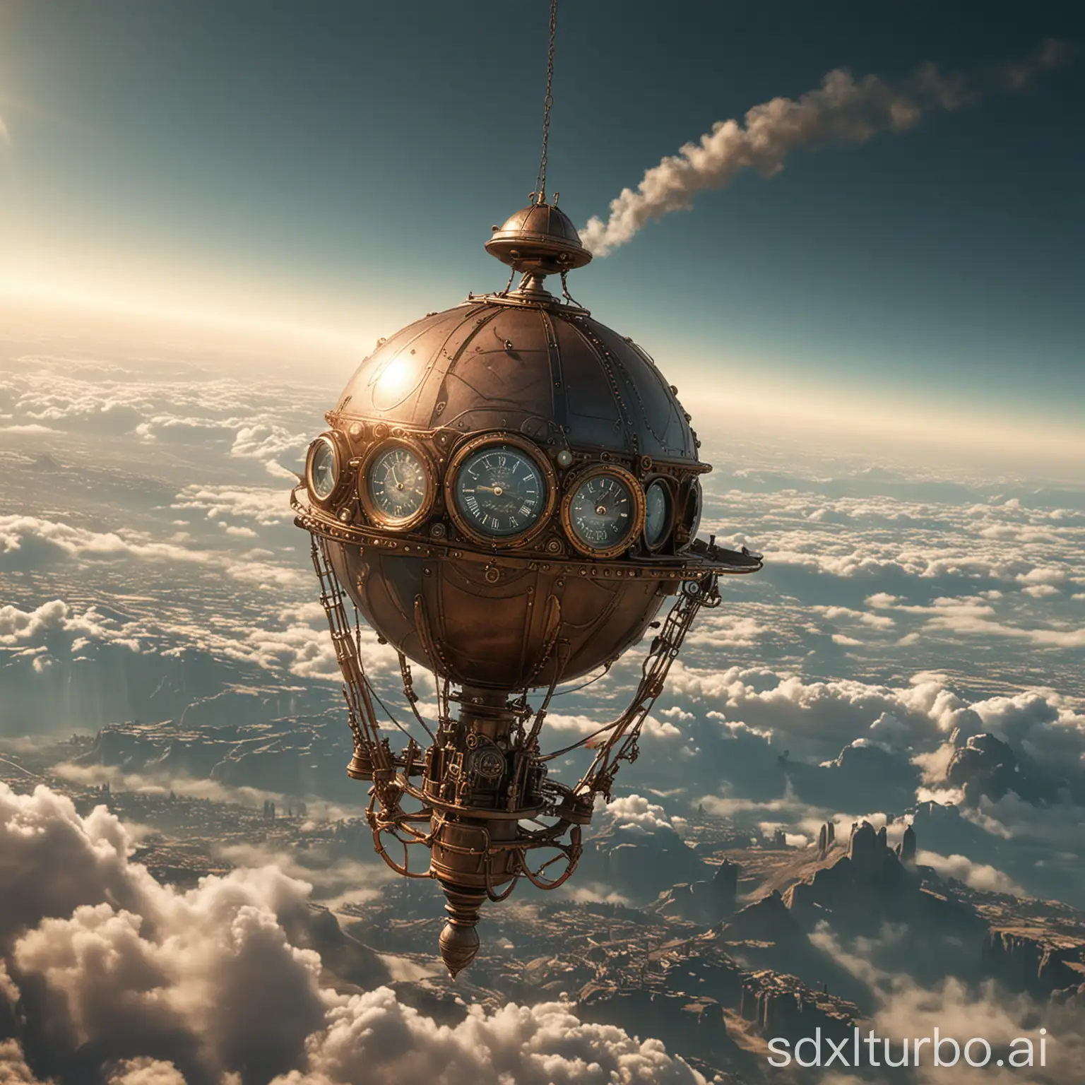 1910 steam punk Time Machine orb flying above the earth.
