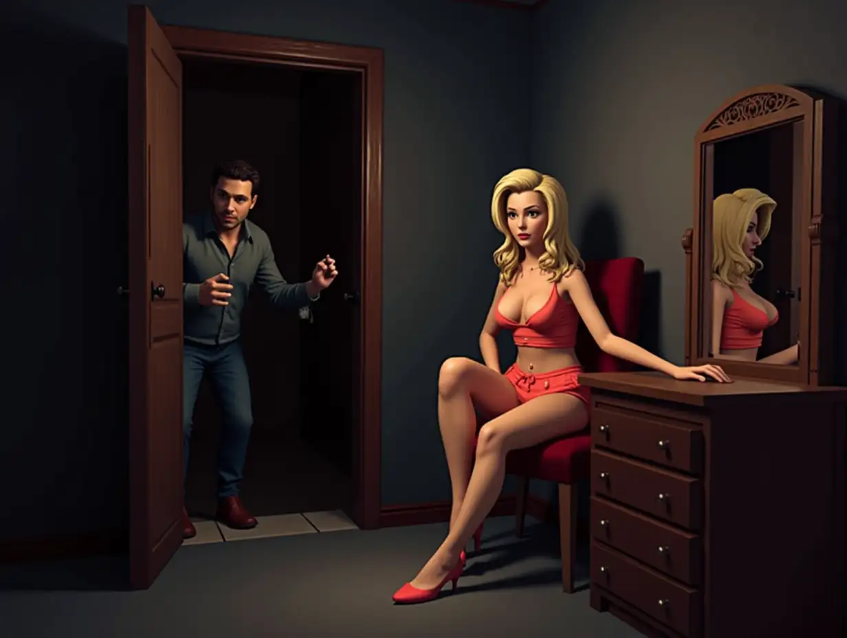 1990s 3D ps1 styled Gameplay screenshot for PlayStation featuring a 3D polygonal characters models of a person hiding in a closet secretly watching at a pretty woman sitting at a dresser with a mirror 1990s 3D polygonal style video game 3rd person fighting game 3rd person 3D Beat em up 1990s graphics retro style game 3D 3rd person survival horror game 3d 1990s PlayStation One Graphics