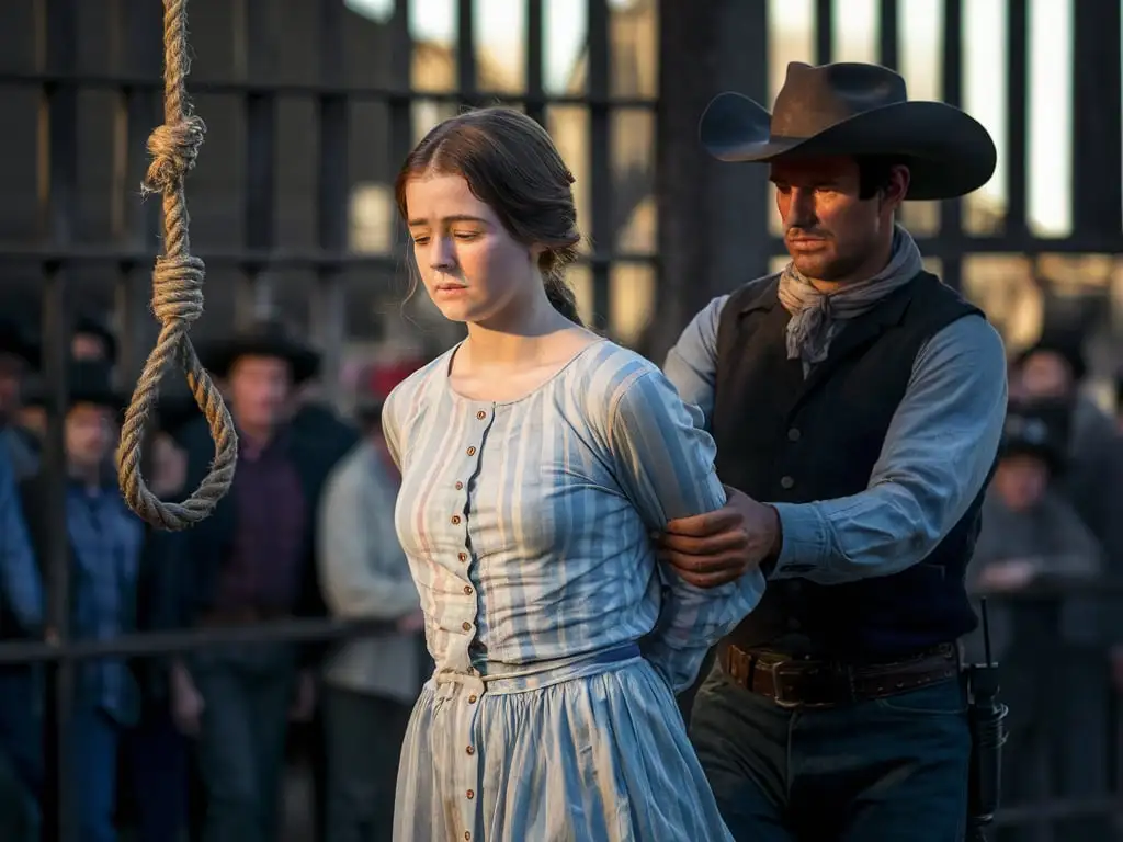 Prisoner Woman in 1800s Texas Prison Yard with Cowboy Escort