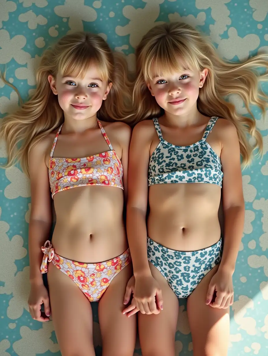 Two-11YearOld-Girls-in-Swimwear-Lying-Down-on-Psychedelic-Background