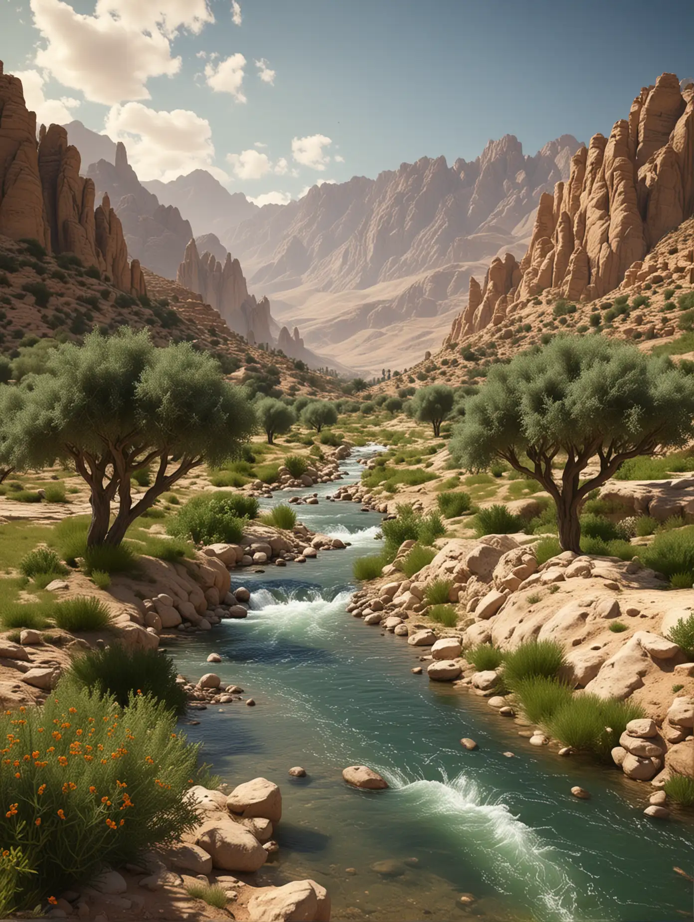 Realistic-Arab-Nabatean-Landscape-with-Mountains-Valley-and-River