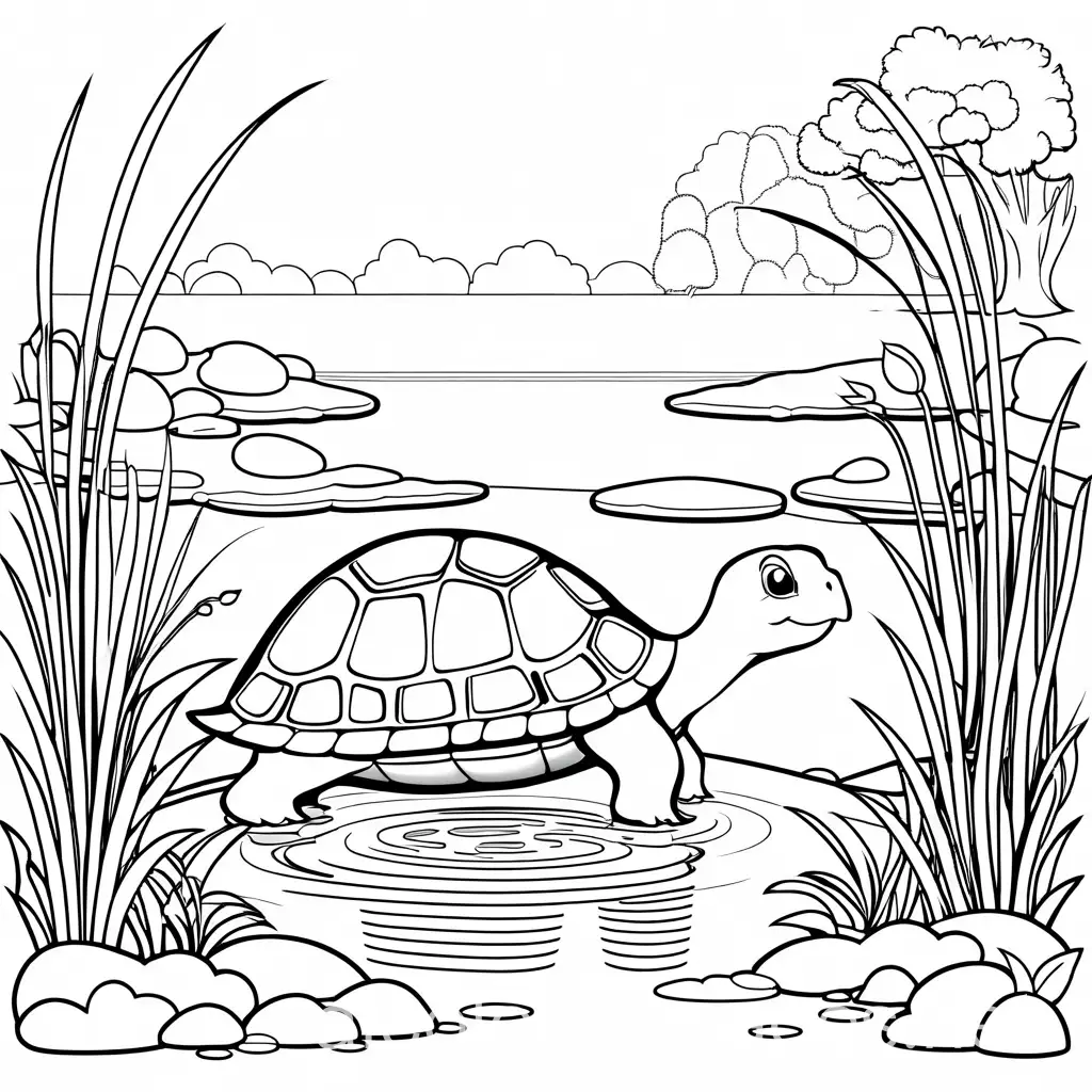 Cartoon-Turtle-Walking-Next-to-a-Pond-Coloring-Page