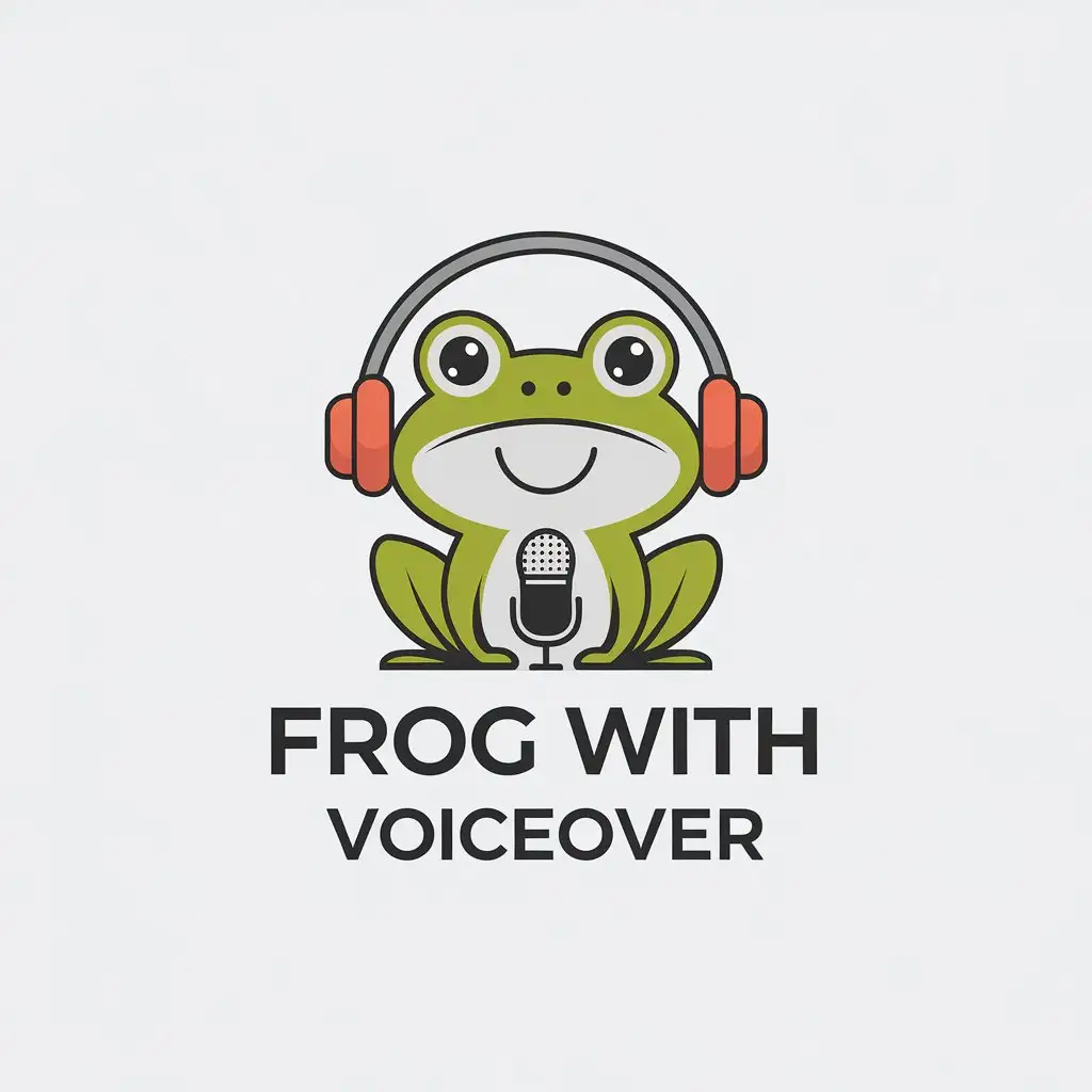 a vector logo design,with the text "frog with voiceover", main symbol:Cute frog, smile, microphone, headphones,Minimalistic,be used in Animals Pets industry,clear background