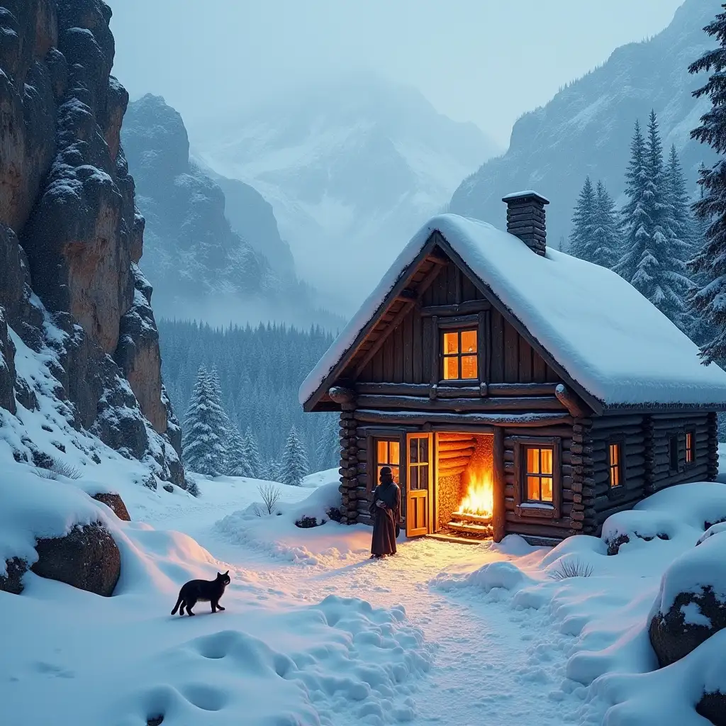 This image depicts a perfect winter retreat, a mountain cabin ideal for watching snowfall. The image shows a snow-covered mountain landscape and the interior of a mountain cabin with a burning fireplace visible through an open door. The cabin is nestled among high cliffs, with heavy snowfall outside. Additionally, there is a snow-covered path in front of the cabin, with a cat walking along the path. The cabin's door is open, and inside, next to the burning fireplace, a Muslim man is seen praying.