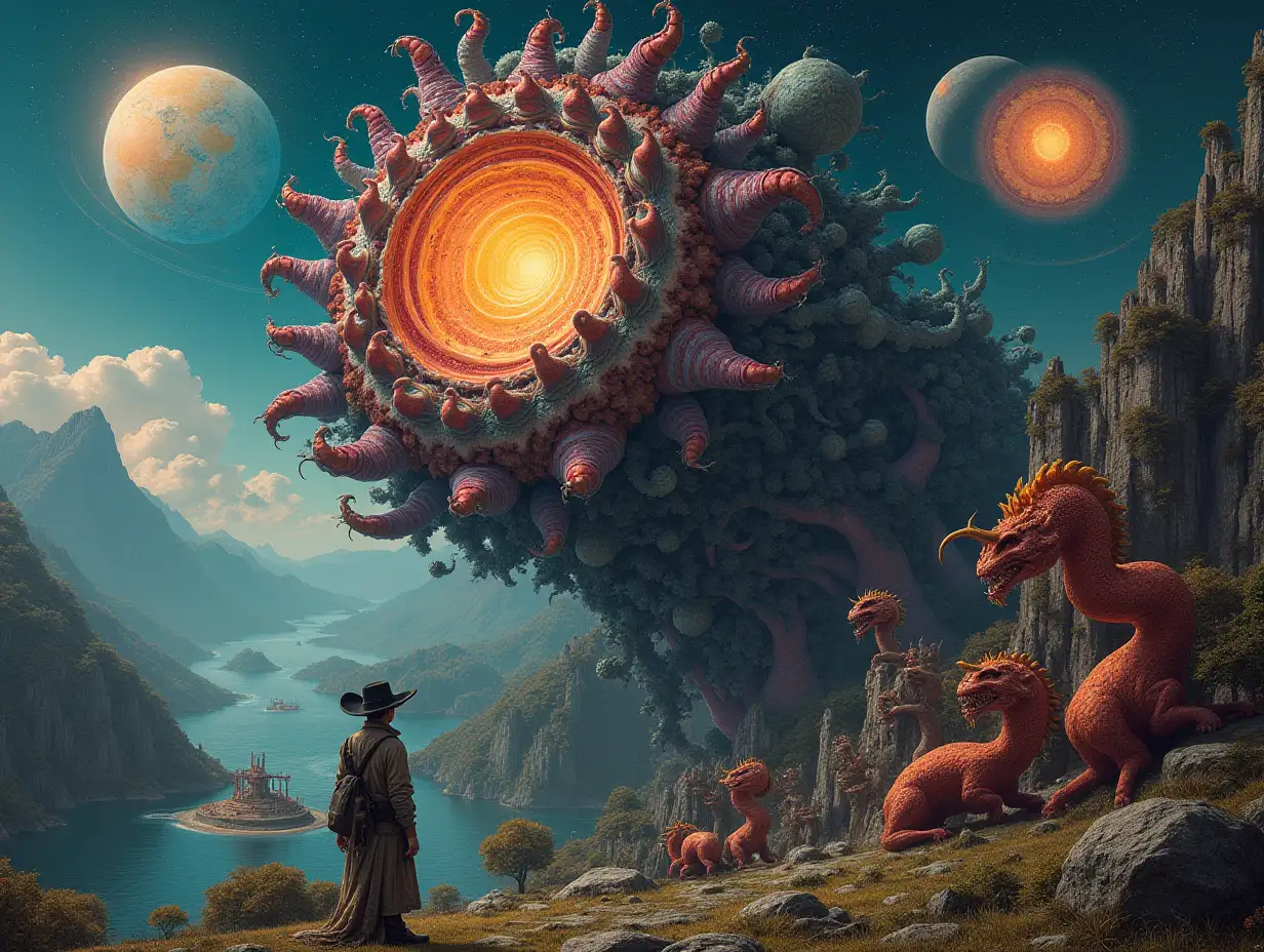 Hyperrealistic portrait of a multiverse time traveler with various strange alien creatures, intricately detailed, colorful forested planets in the background with mountains and sea