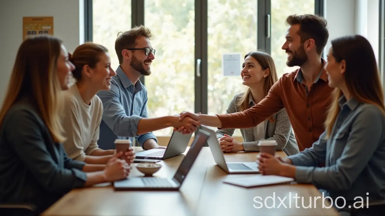 A welcoming office environment with a diverse team of professionals greeting a new colleague, shaking hands, smiles and casual attire. Bright natural light fills the room, laptops and coffee cups on the table, friendly and positive energy, teamwork and inclusion