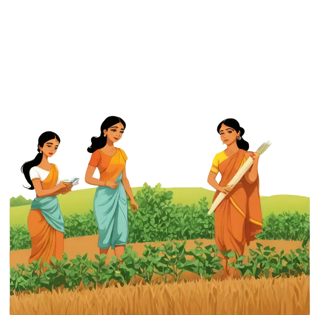 Cartoon-Agricultural-Farm-Fields-PNG-Image-with-Indian-Women-in-Saree