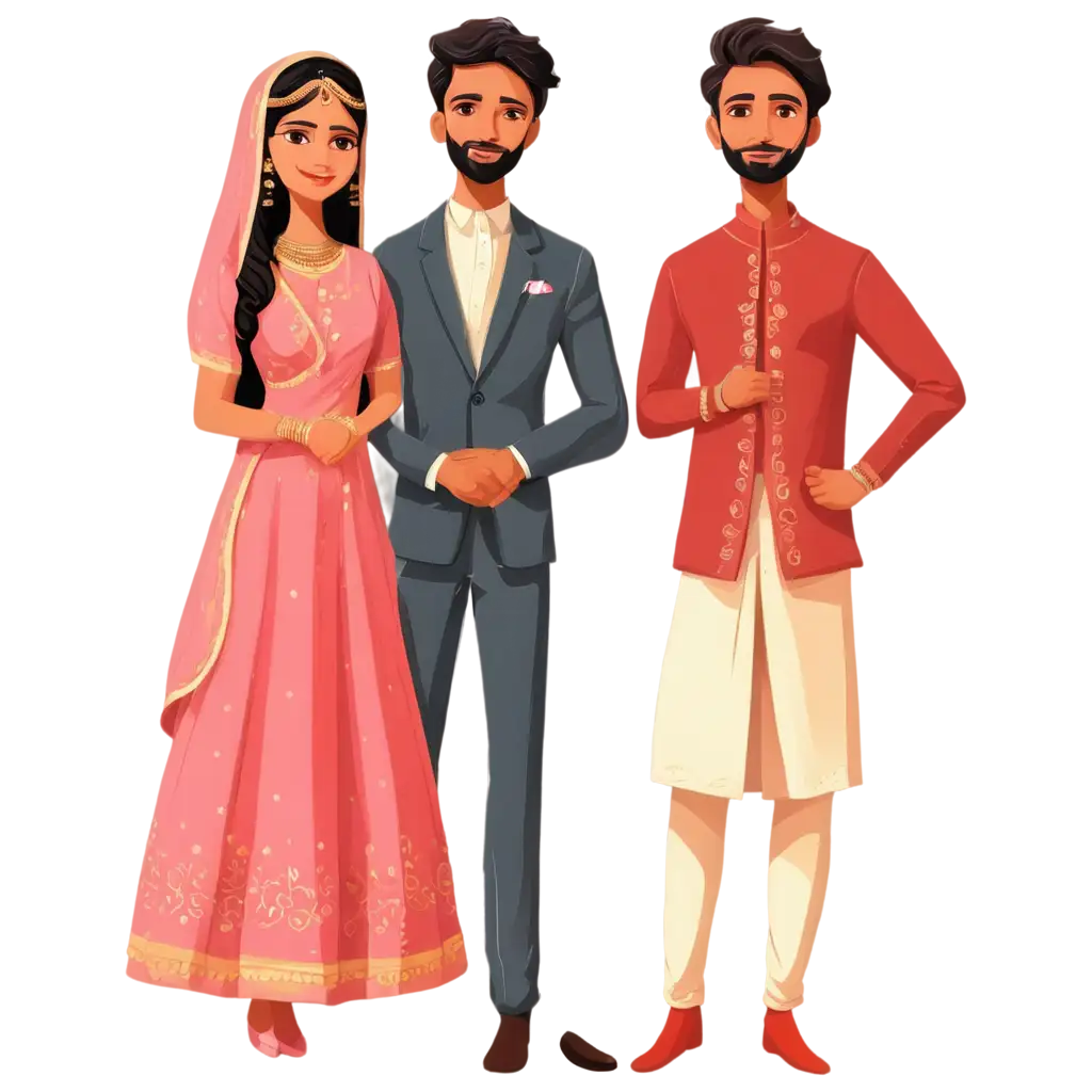 Indian Desi Groom and Bridal as cartoon  clipart in tradition dress of indian culture