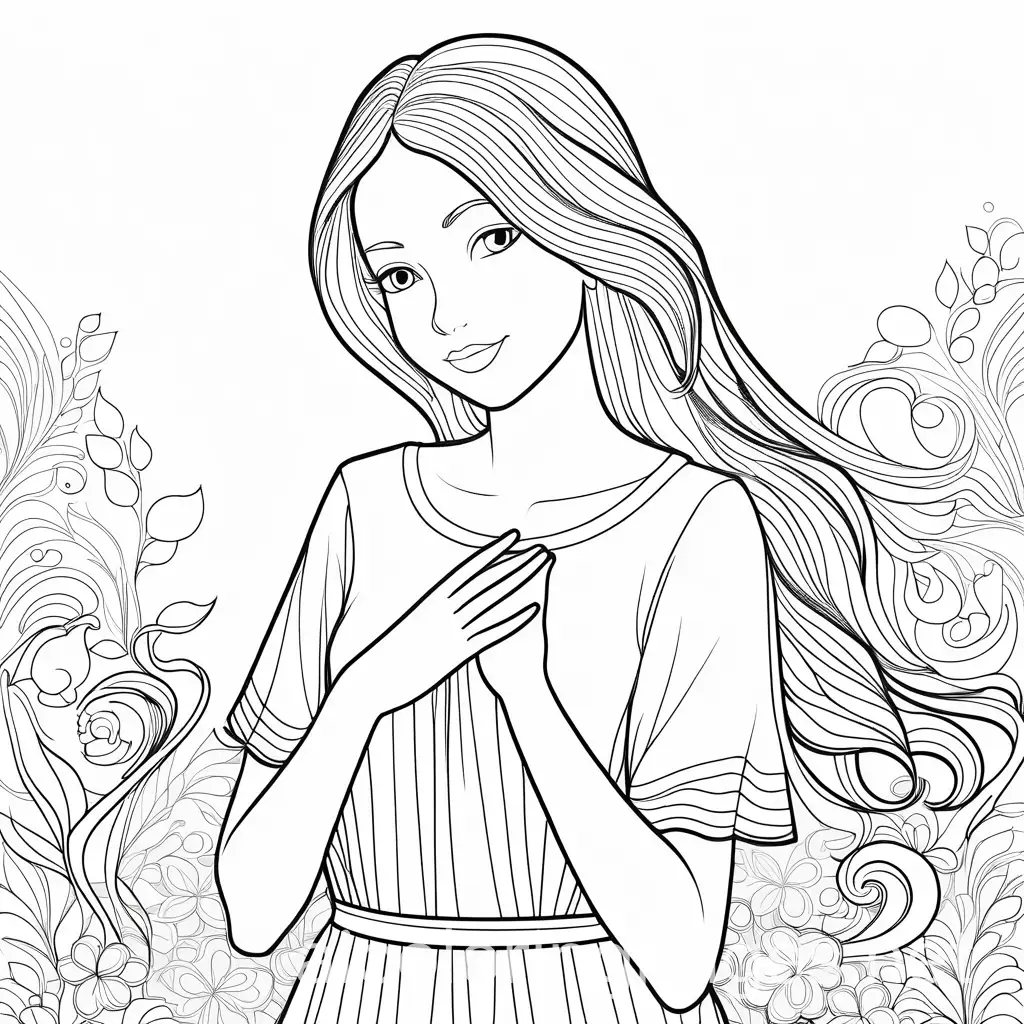 Young-Lady-Holding-Heart-in-a-Simple-Coloring-Page