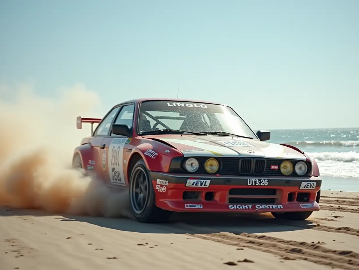 a race car,drifting in beach, shot the pic on the driver side , driver shloud be waving hand to camera