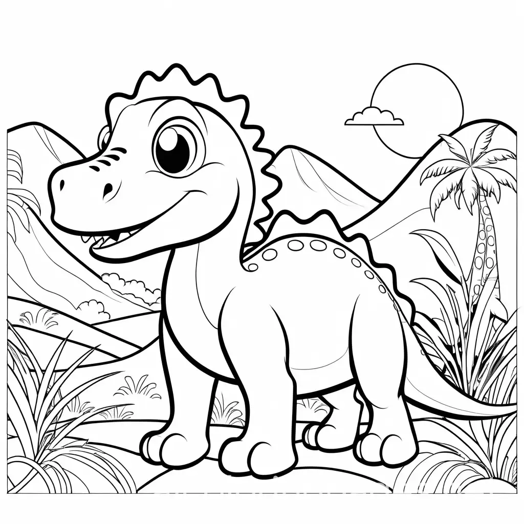 Dinosaur, Coloring Page, black and white, line art, white background, Simplicity, Ample White Space. The background of the coloring page is plain white to make it easy for young children to color within the lines. The outlines of all the subjects are easy to distinguish, making it simple for kids to color without too much difficulty