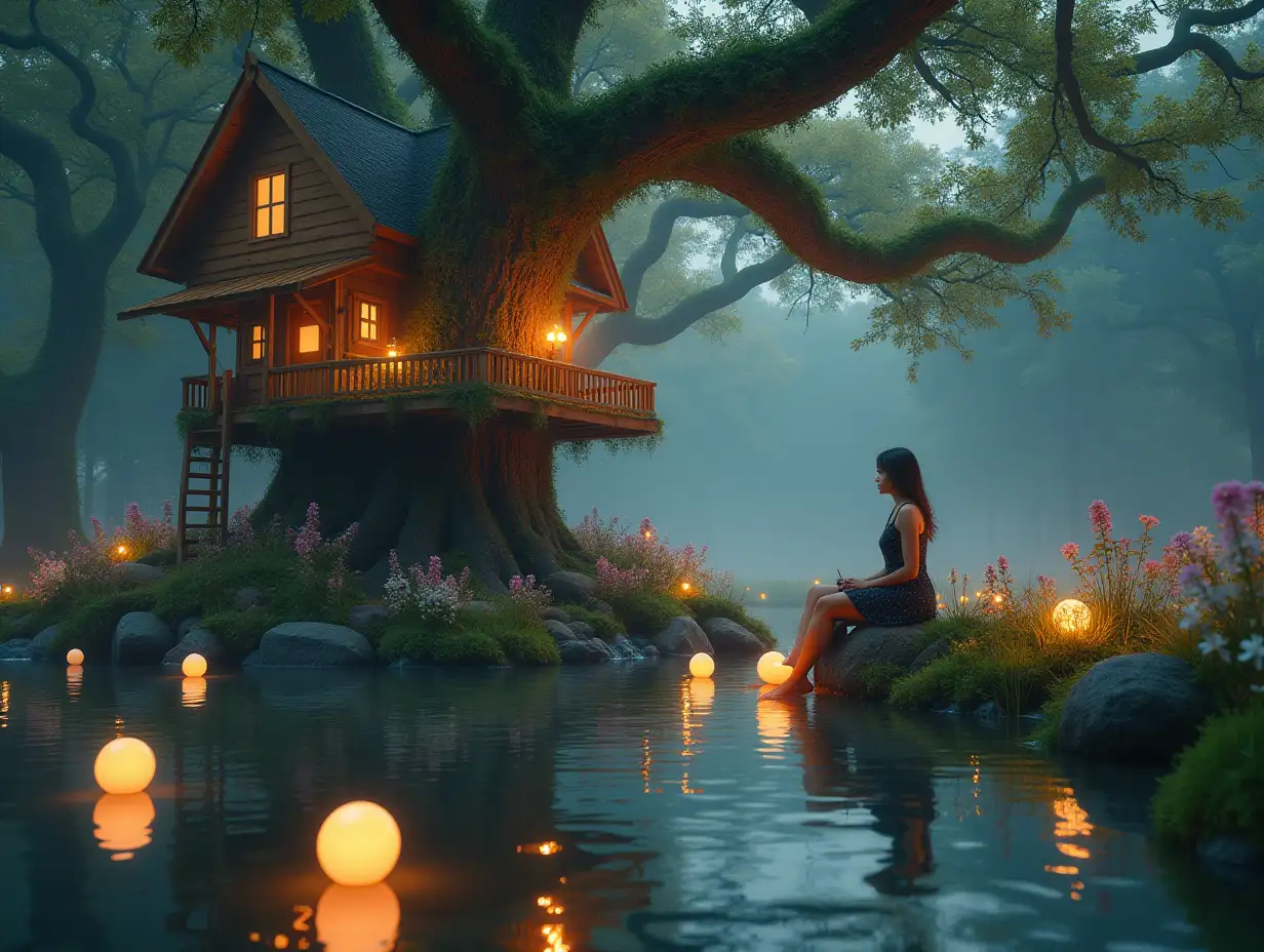 Ultradetailled hyperrealistic photo-realistic portrait of a woman sitting on a big tree with many small glowing balls in a dreamy lake with a big treehouse with many tall trees and many colorful flowers and plants Texture, surfaces and lighting, to give depth, dimension and a colorful photorealistic appearance.20mm shot