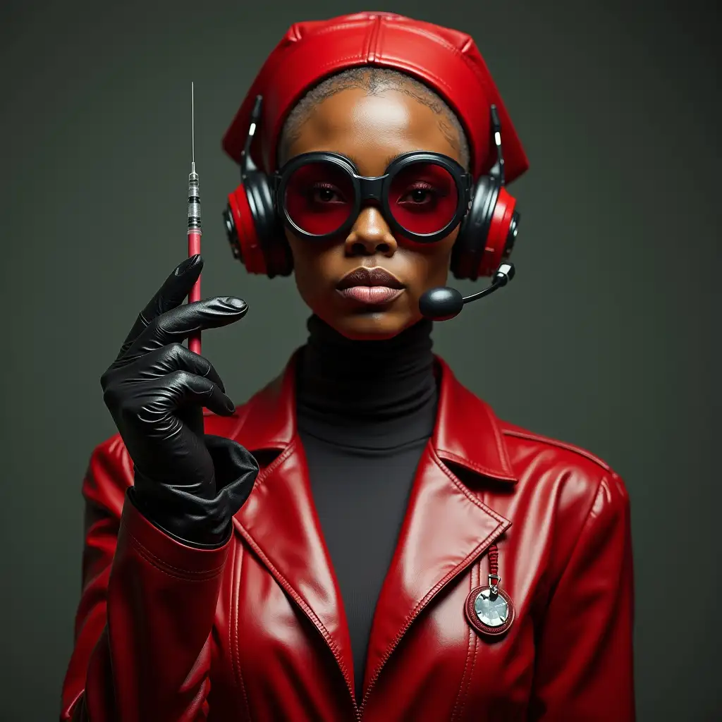 African-Nurse-in-Red-Leather-Uniform-with-Military-Hat-and-Injection-Needle