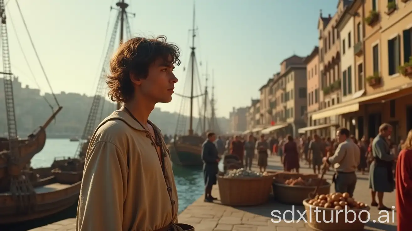 A young Christopher Columbus stands in profile in the bustling port city of Genoa, Italy, during the 15th century. He is in the foreground, gazing thoughtfully at the harbor, which is lively with merchant ships from the Mediterranean and traders engaged in commerce. Columbus wears simple, era-appropriate clothing, his windswept hair reflecting his curiosity and ambition. In the background, the scene is filled with merchants, sailors, and goods being unloaded from ships, capturing the thriving trade and exploratory spirit of the Renaissance. The lighting is warm and natural, casting soft shadows across the dock and emphasizing the hopeful atmosphere of discovery.