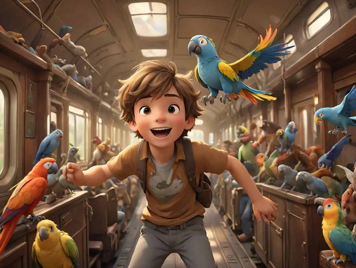 Boy-Playing-with-Colorful-Parrot-in-Magical-Animal-Train-Scene