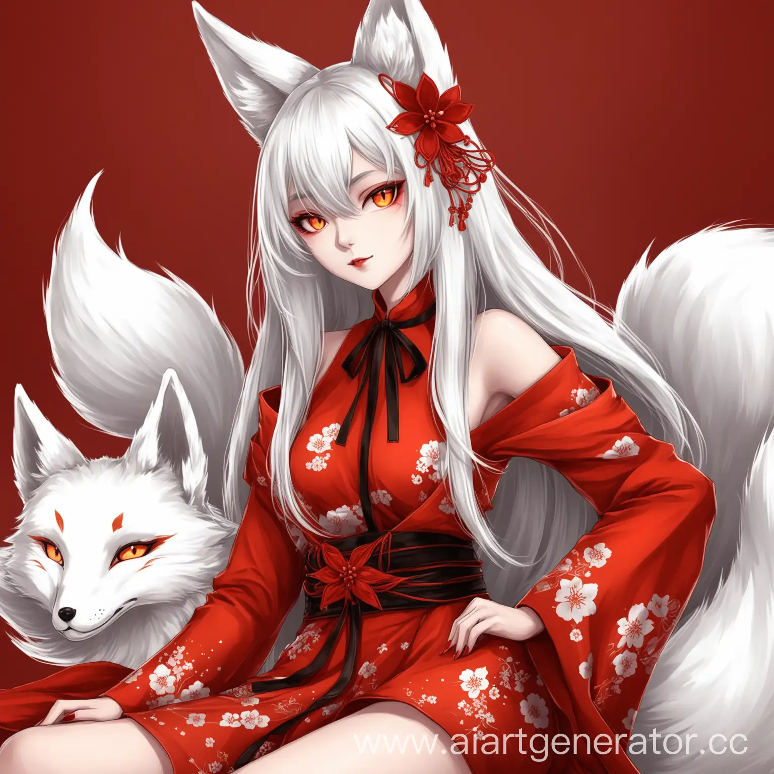 Kitsune-Girl-in-Red-Fashion-with-White-Hair