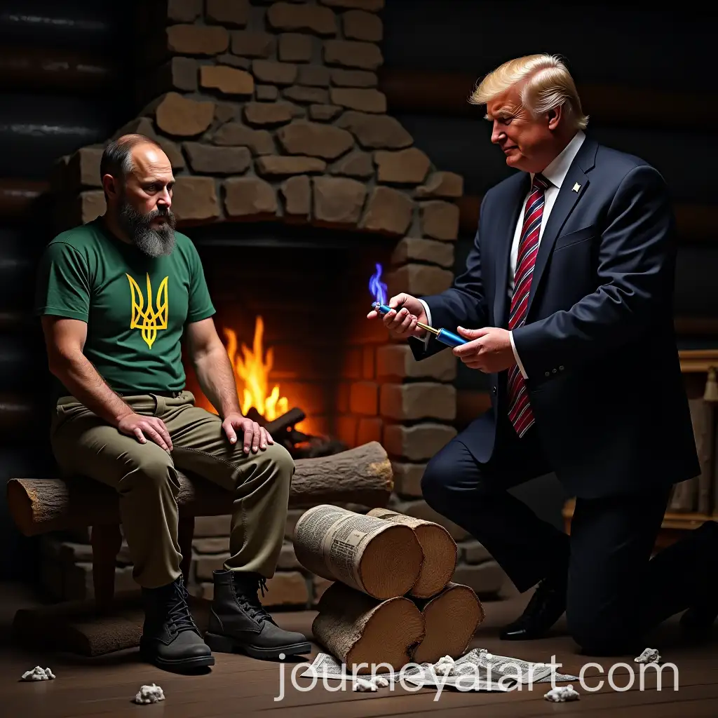 Political-Leaders-in-a-Tense-Fireplace-Scene-with-Ukrainian-Trident-Lighters-and-Flames