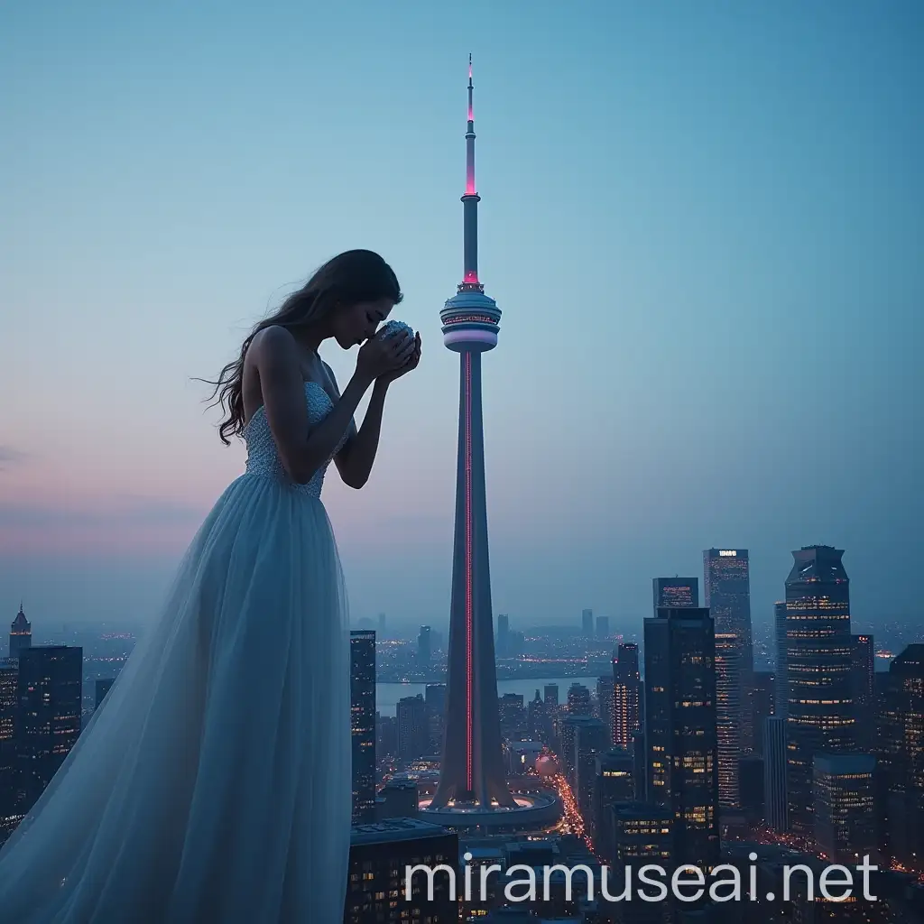 Giantess Embracing CN Tower at Twilight