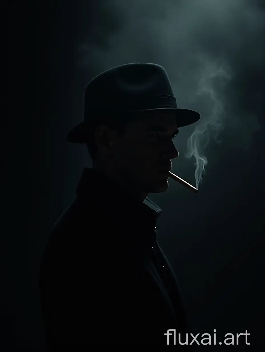 A striking full HD, 8k side portrait of the enigmatic Peaky Blinders character with a cigarette in his mouth, set against a black background. The character sports his iconic flat cap and a menacing gaze. A dimly lit, foggy atmosphere surrounds the figure, creating an aura of mystery and danger. The overall composition highlights the character's strong presence and the contrast between the darkness and the character's sharp features.