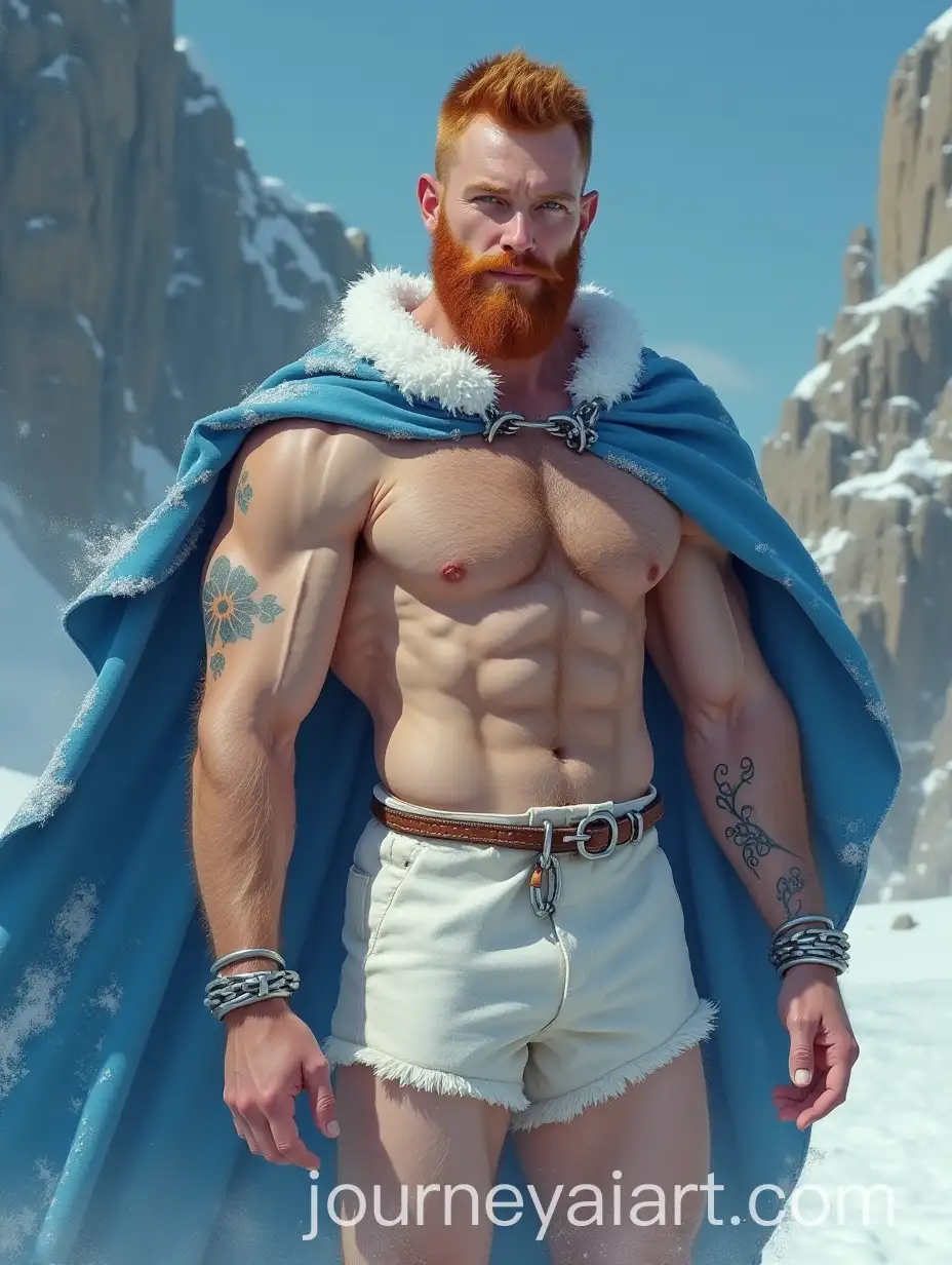 Handsome-Pale-Gladiator-with-Ginger-Chest-Hair-and-Blue-Cape-in-Snow