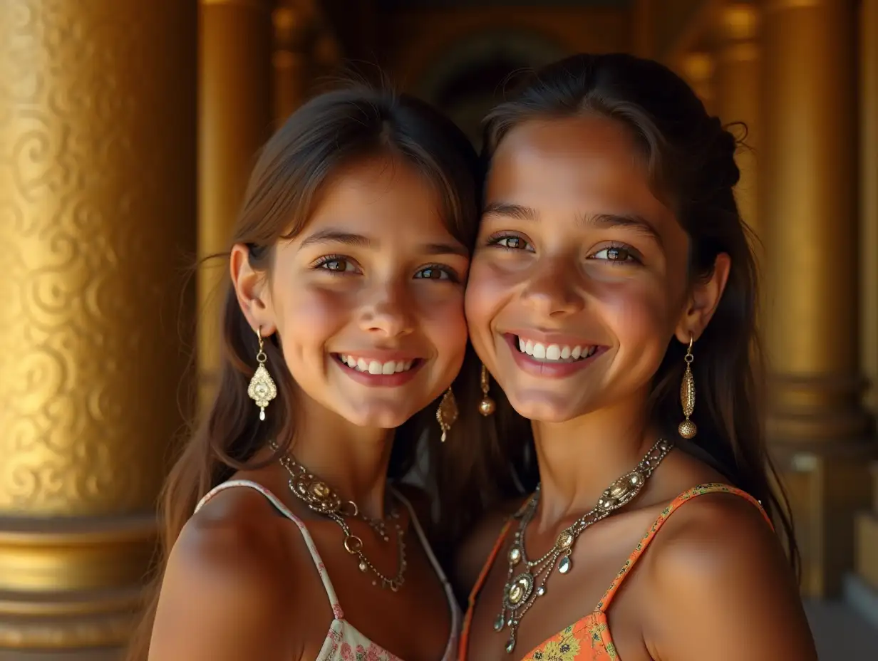 Two young brown girls, with brown hair, with a light smile on their faces, accentuating their smiles, wearing modern retro jewelry, in a temple with much gold of various shades  4k quality