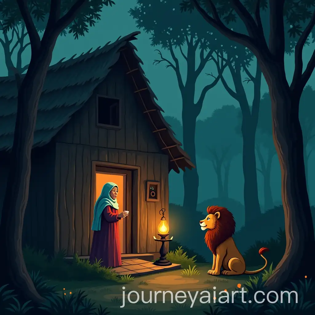 Solitary-Old-Woman-in-Forest-Hut-Illuminated-by-Lamp-Watched-by-Lion