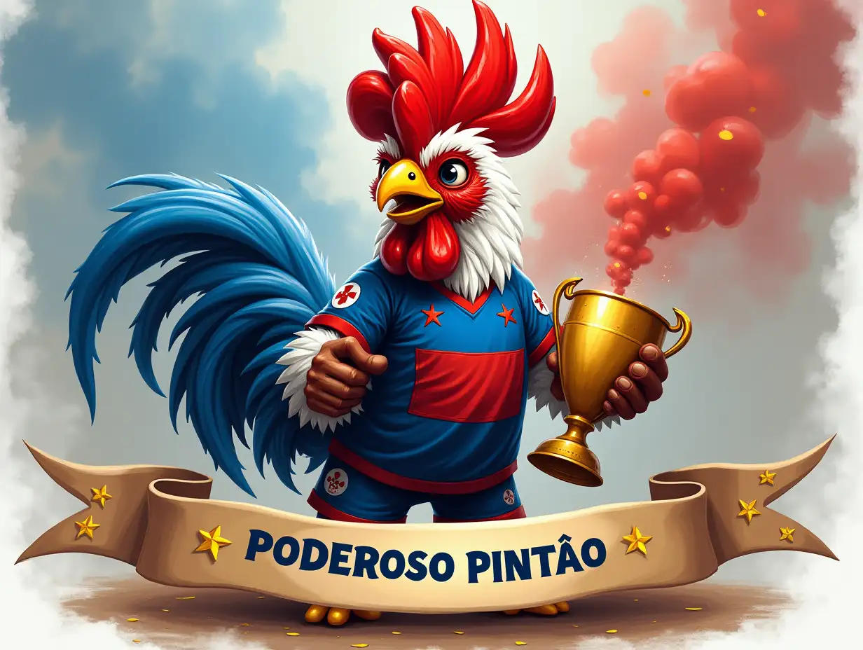 ribbon banner with the words 'PODHumanoid Baby rooster, humanoid with 'blue, red and white feathers' feathers, anthropomorphic, football outfit, blue, red and white colors, champion's cup, 'two gold stars', brave character, painting, detailed, vivid, banner ribbon saying ''PODEROSO PINTÃO'' and a flag 'GARRA TRICOLOR' colors blue, red and white and blue, red and white smokes smokes!!!