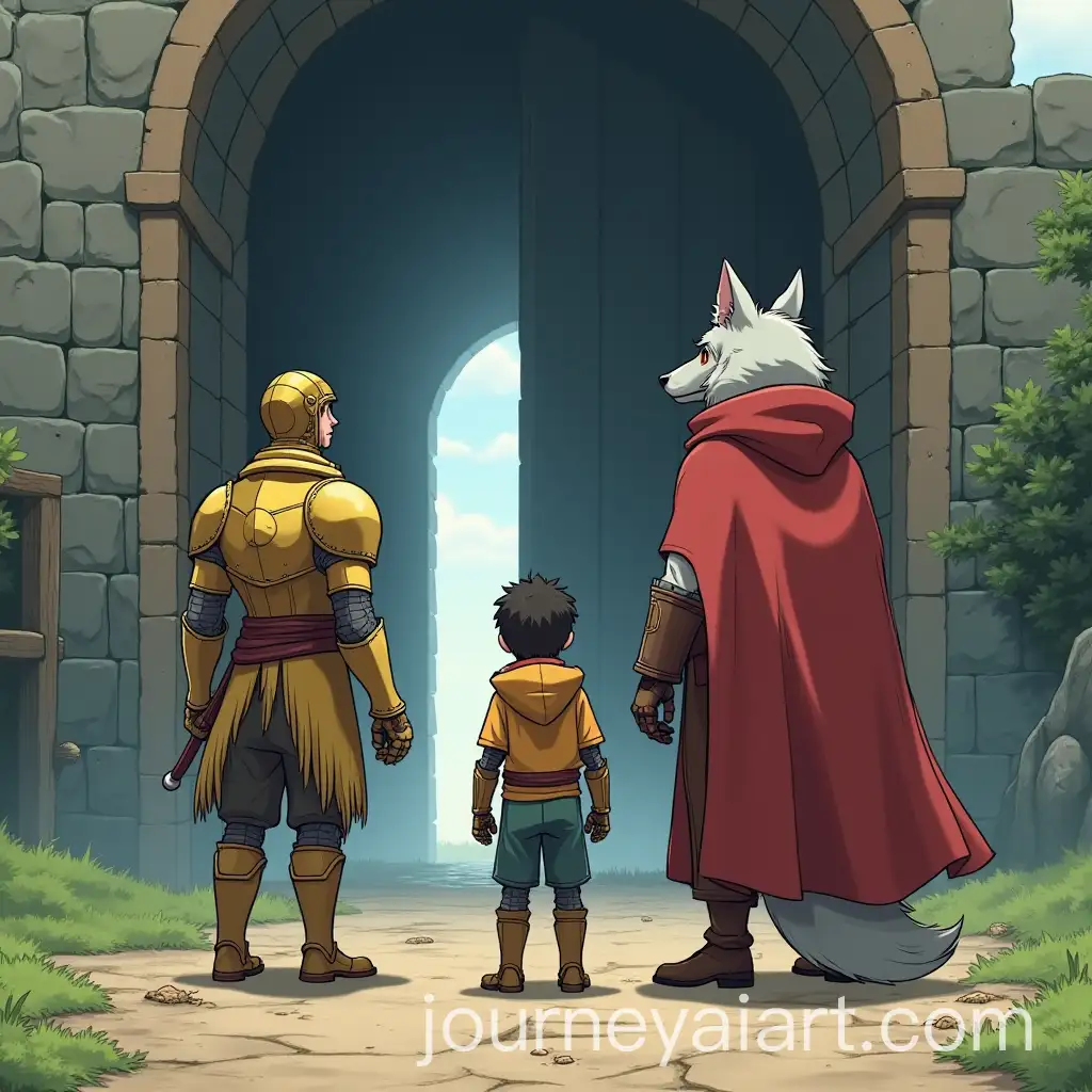Adventurers-in-Golden-Armor-Shabby-Cloak-Robot-and-Wolf-at-a-Massive-Gate