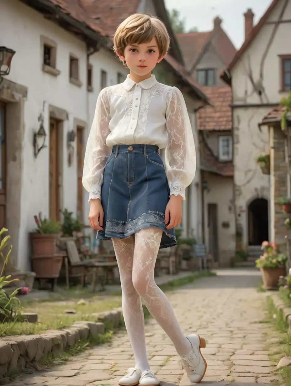 Short-haired boy in white lace blouse, denim skirt, patterned white pantyhose, mary jane shoes, in a village square