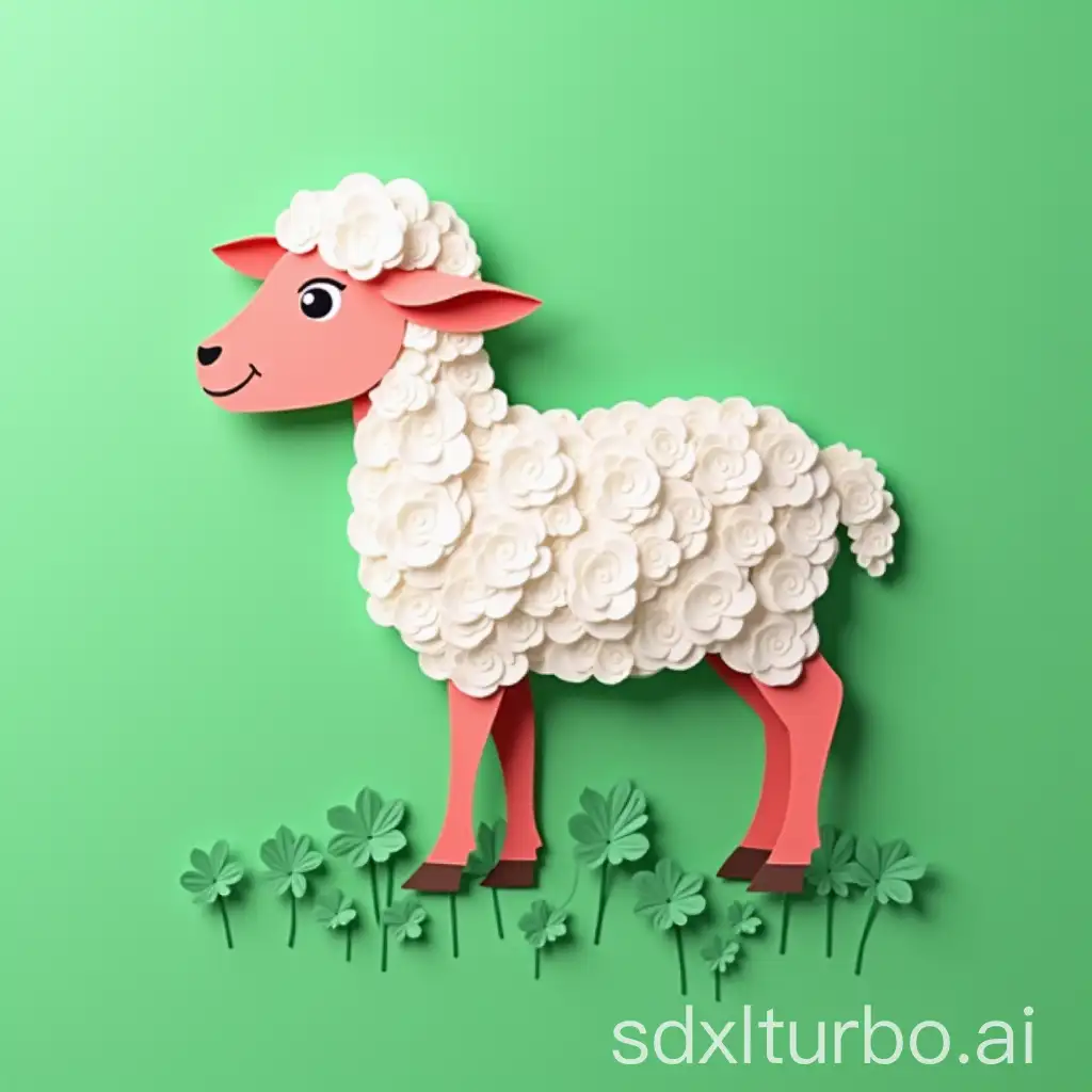 A full lamb with full colors, side view, paper art, simple paper cut, on flat green background, no shadow, no volume