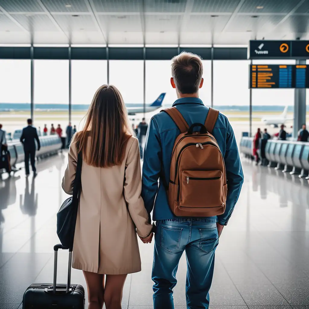 a couple man and woman travelling at the airport. show them from behind