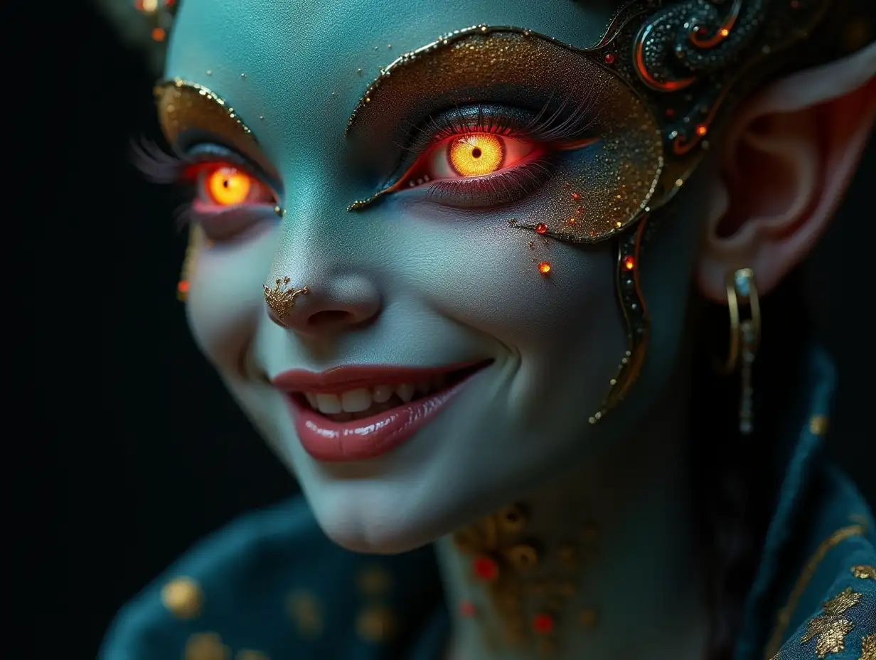 Depiction of a beautiful alien with makeup, shimmering around the eyes with a smile with intricately detailed, colorful and futuristic jewelry. Black background blurred 120-mm shot