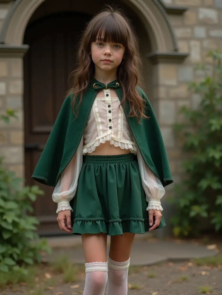 Slender young girl, green eyes, long wavy brown hair, bangs. She is wearing an open green cape over a sheer, button front bare midriff white blouse, ruffled green miniskirt, lacy white over the knee stockings, revealing slender bare thighs, and black slippers. She is standing in front of an old fashioned stone house. Legs and feet visible.