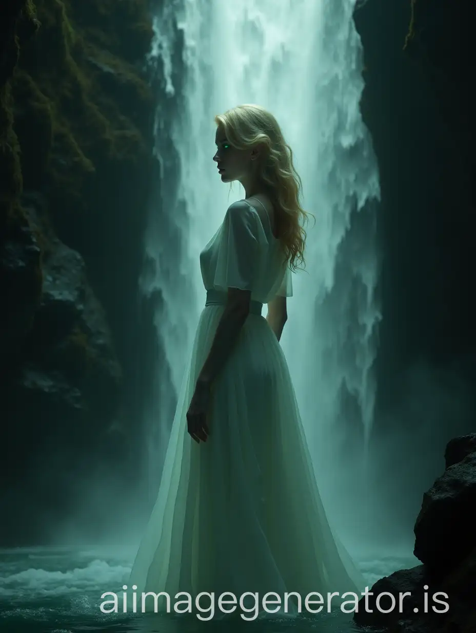 Blonde-Ghost-Woman-Emerging-from-Waterfall-in-Profile