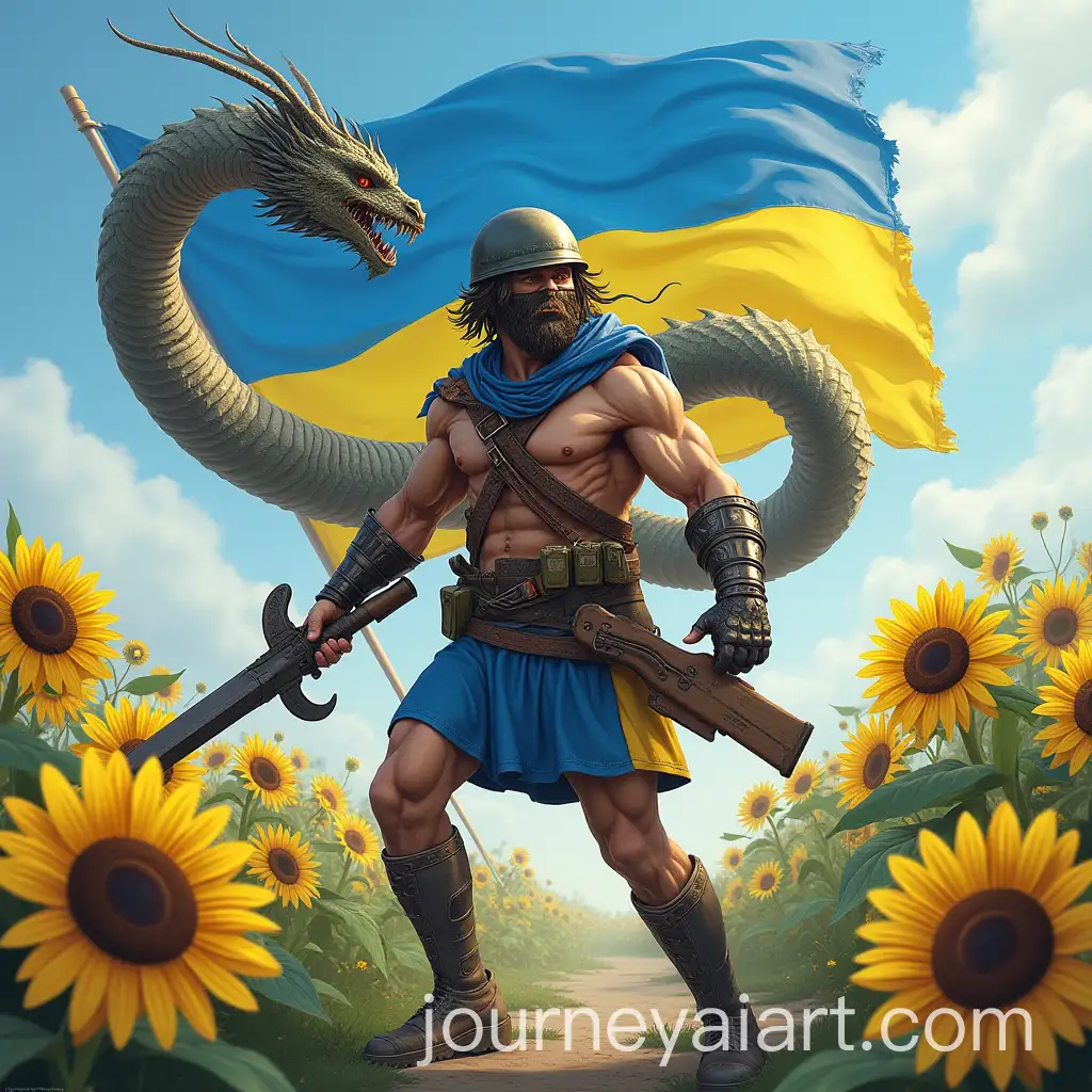 Modern-Ukrainian-Soldier-Battles-ThreeHeaded-Hydra-in-Patriotic-Landscape