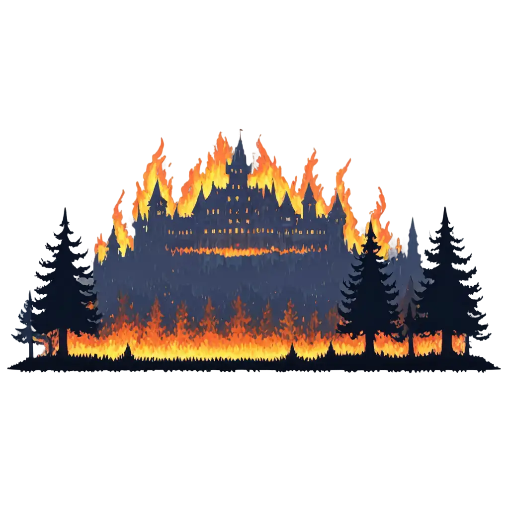 16 bit, pixel art, burning dark forest with a castle in the background